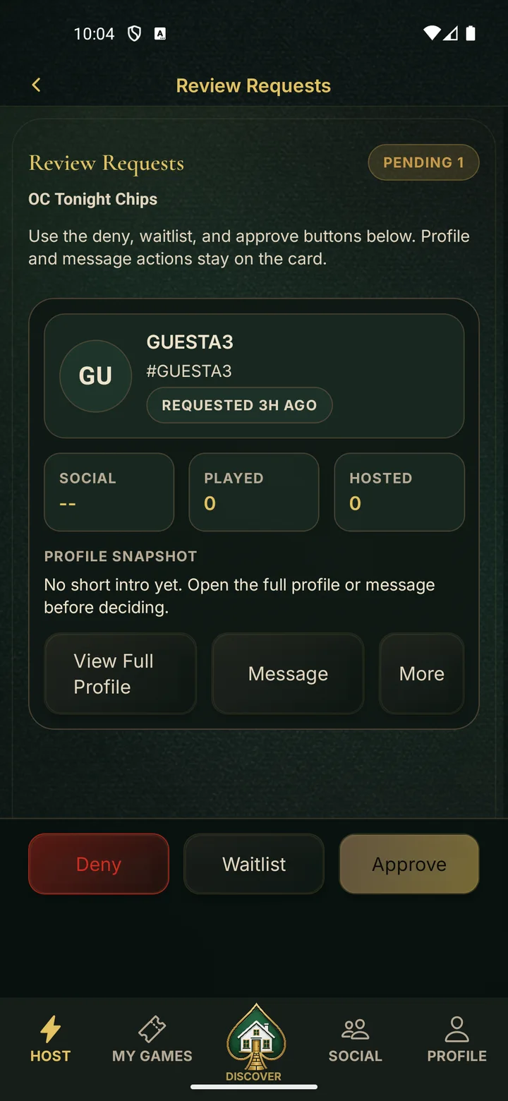 PokerMeet host request review screen with approve, waitlist, and deny controls