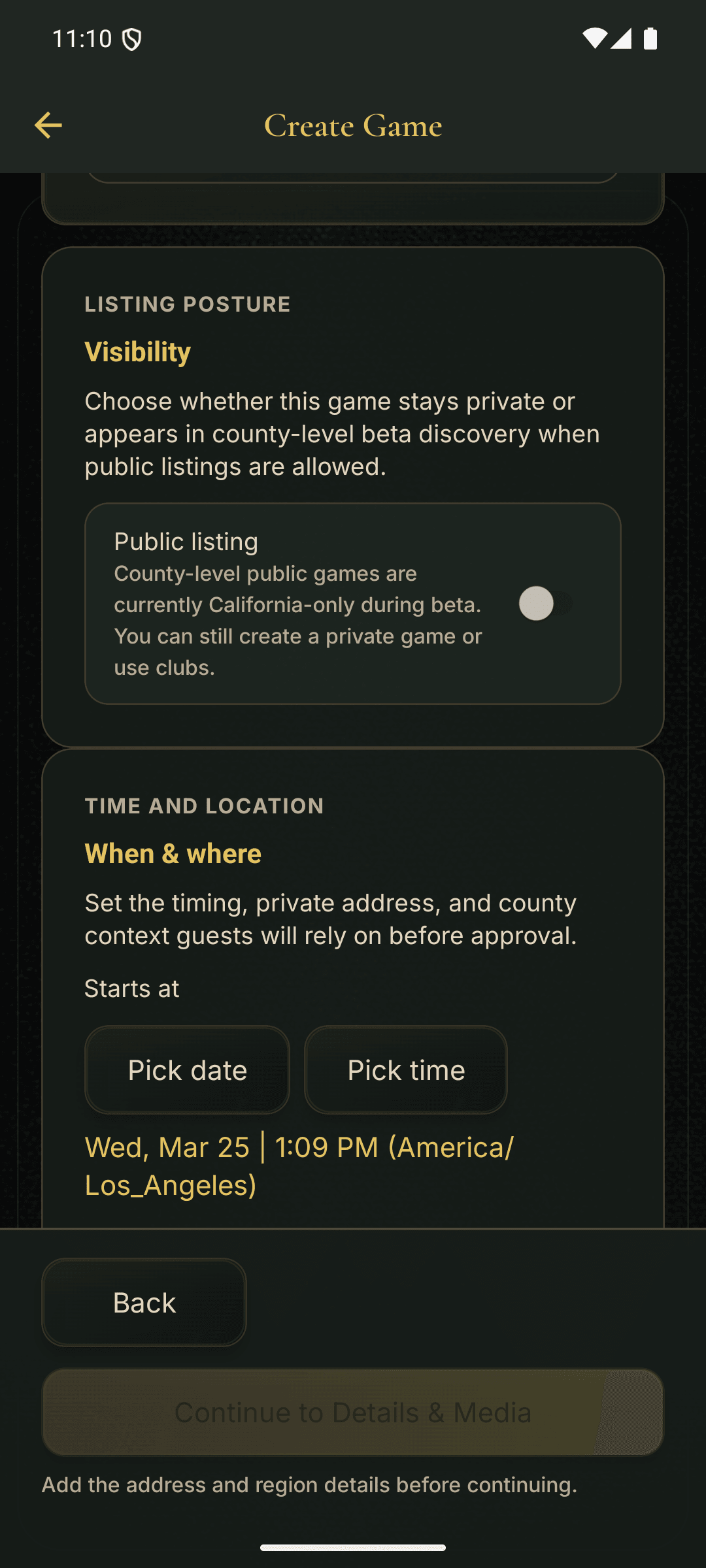 PokerMeet host create game screen