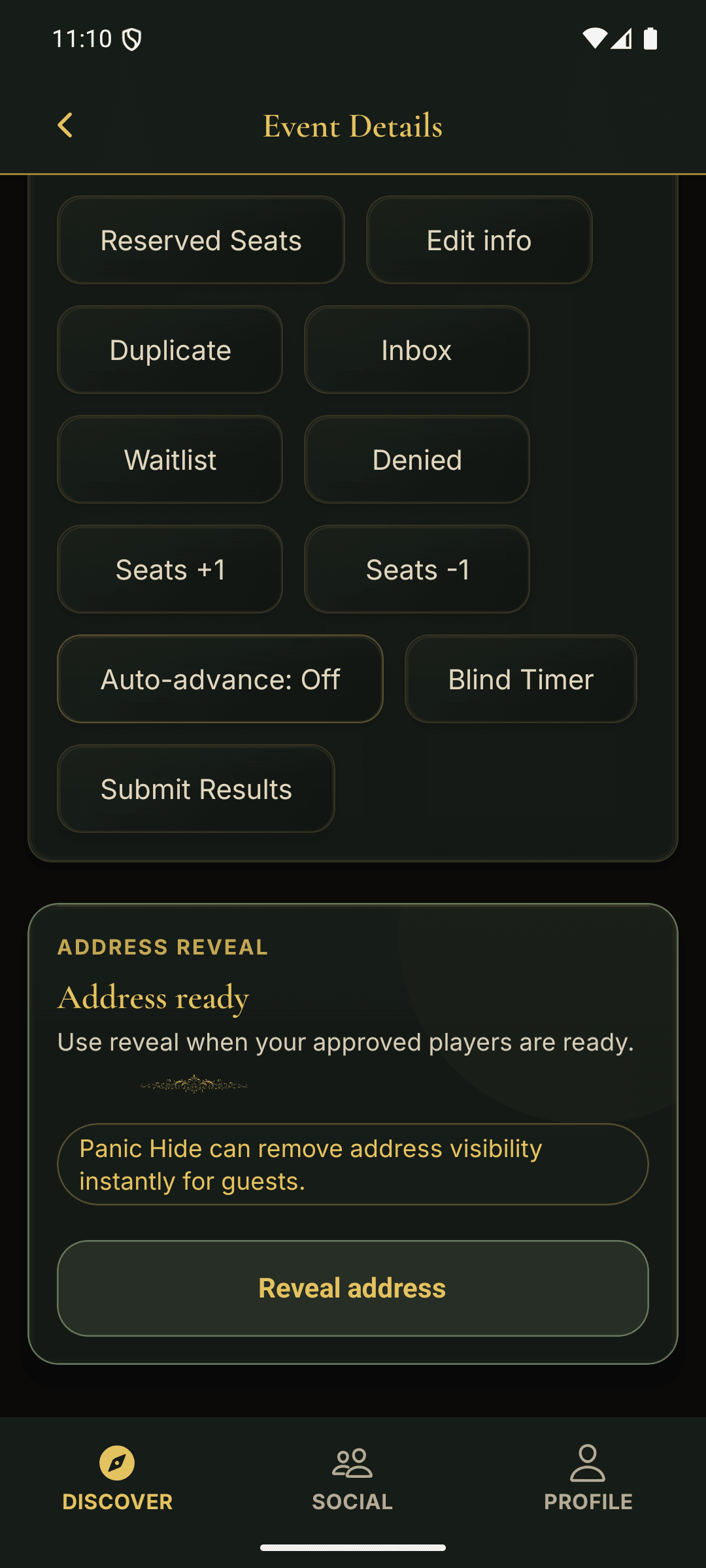 PokerMeet host location sharing state showing address gated