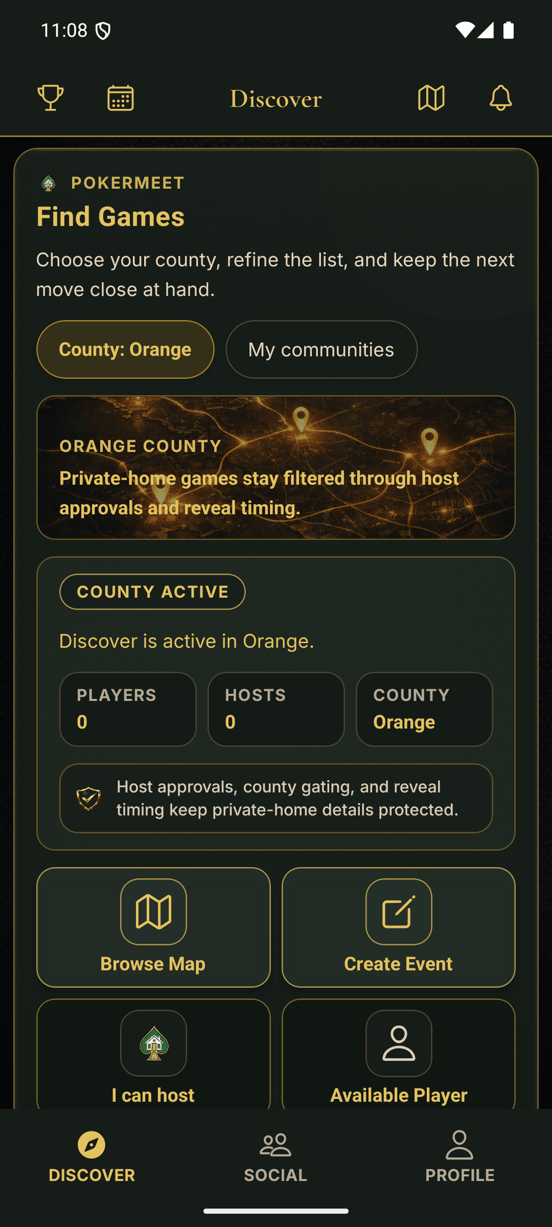PokerMeet Discover screen with browse filters and hidden address details