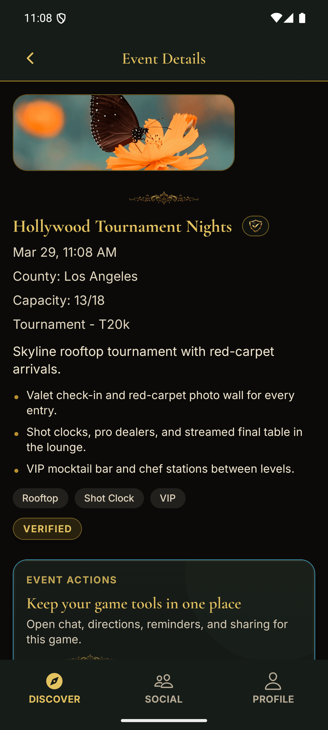 PokerMeet event details screen showing the game overview before a seat request
