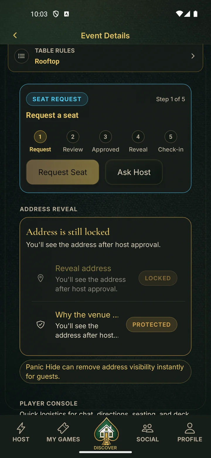 PokerMeet seat request screen showing host approval before address sharing