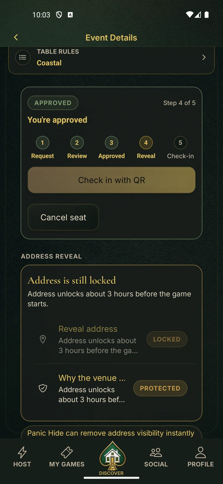PokerMeet address-sharing screen showing protected location details for approved players