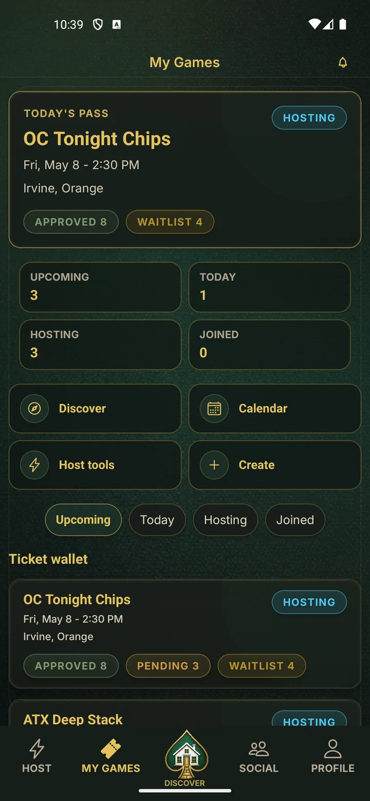 PokerMeet My Games screen showing pending and approved seat requests