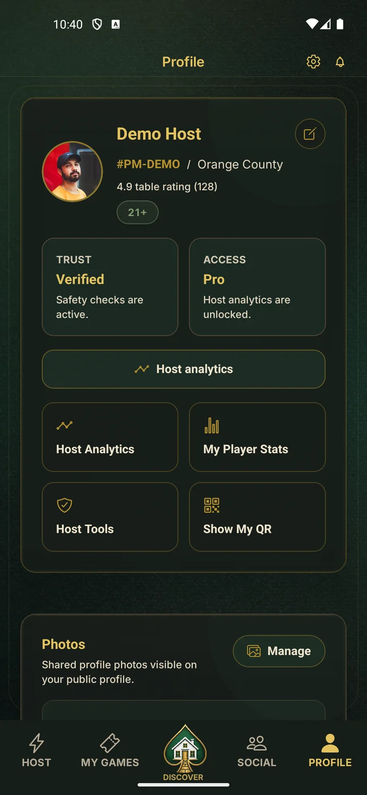 PokerMeet Profile screen showing player profile and reputation details