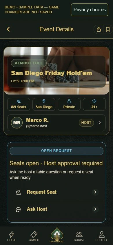 PokerMeet Demo Event Details screen for a sample San Diego game before requesting a host-approved seat