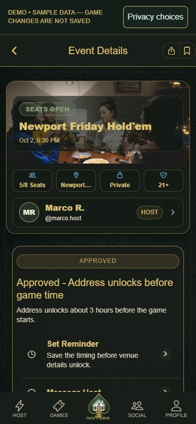 PokerMeet Demo approved seat awaiting the address-release window before game time